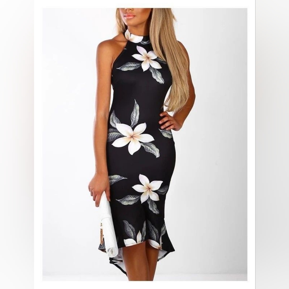Floral Black Halter Dress